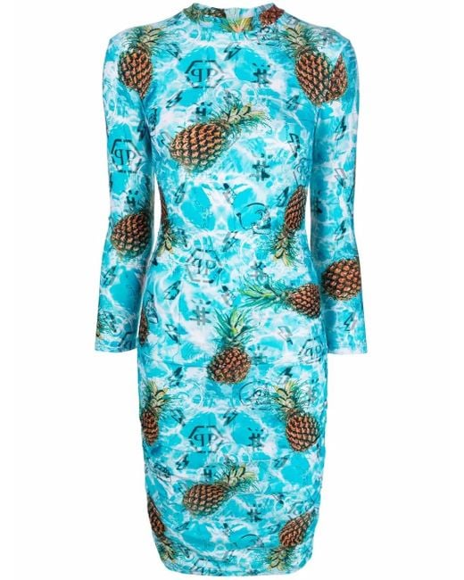 Philipp Plein Blue Pineapple Skies Short Dress