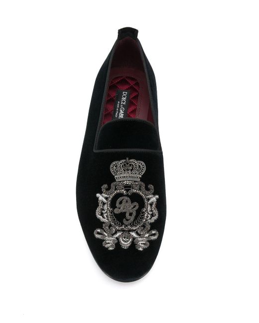 Dolce & Gabbana Black Botticelli Embroidered Crest Velvet Loafers for men