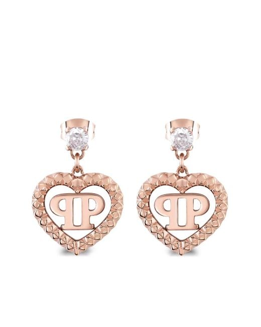 Philipp Plein Pink Rocked Hearts Pendant Earrings