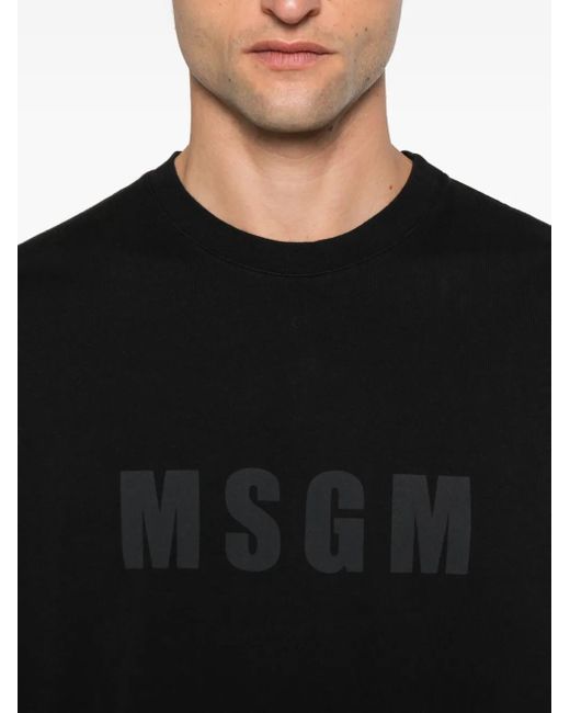 MSGM Black Cotton T-Shirt With Front Printed Logo for men