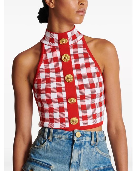 Balmain Red Vichy Cropped Top