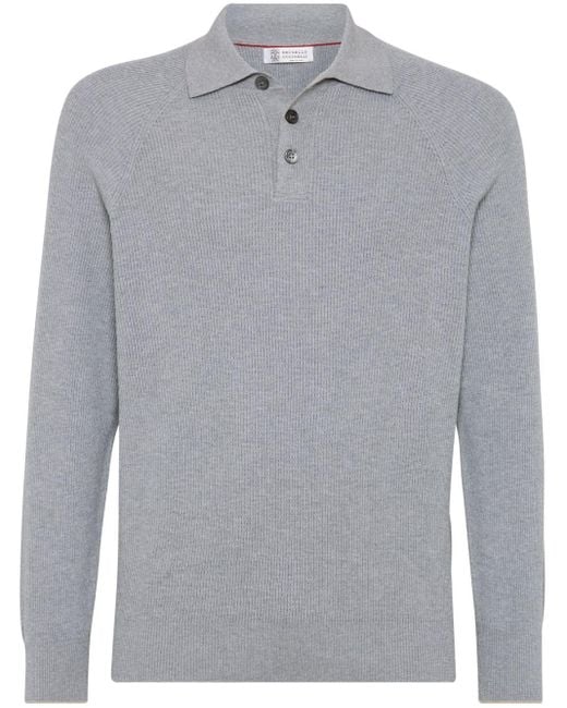 Brunello Cucinelli Gray Long-sleeve Ribbed-cotton Polo Shirt for men