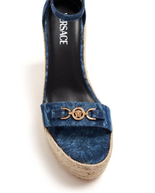 Versace Blue Barocco Denim Wedge Sandals