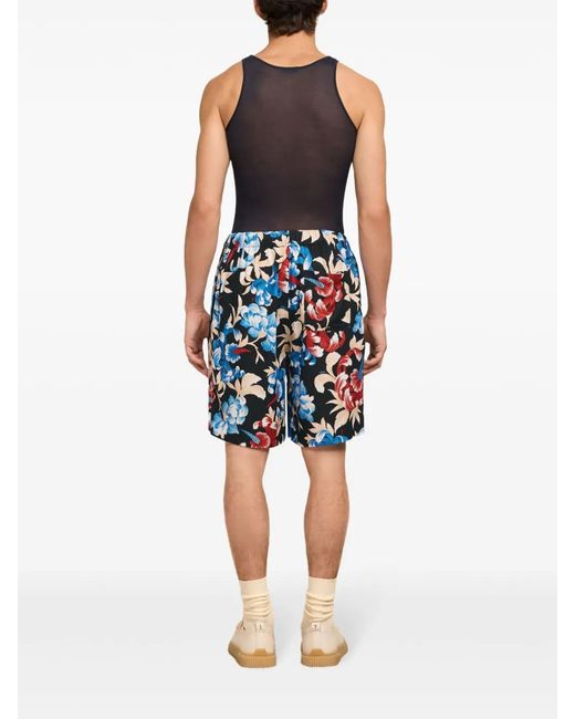 AMI Blue Floral-Print Elasticated-Waist Shorts
