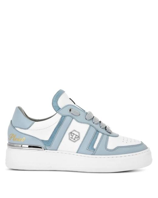 Philipp Plein Blue Striped Leather Sneakers
