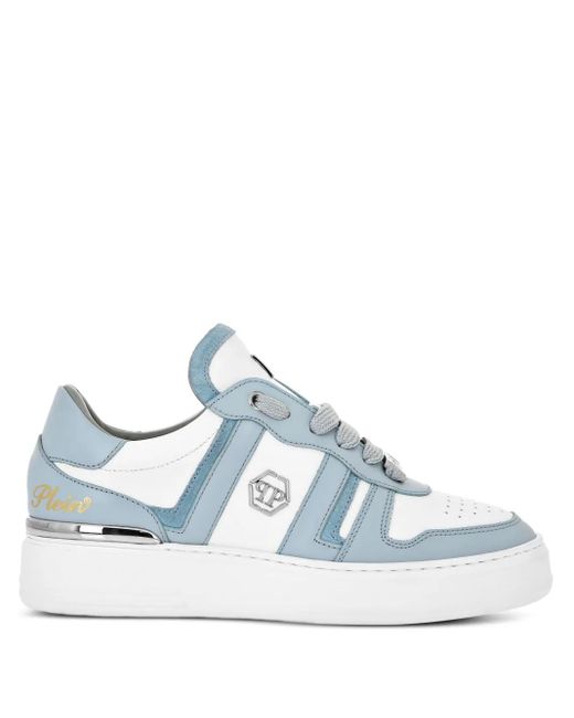 Philipp Plein Blue Striped Leather Sneakers