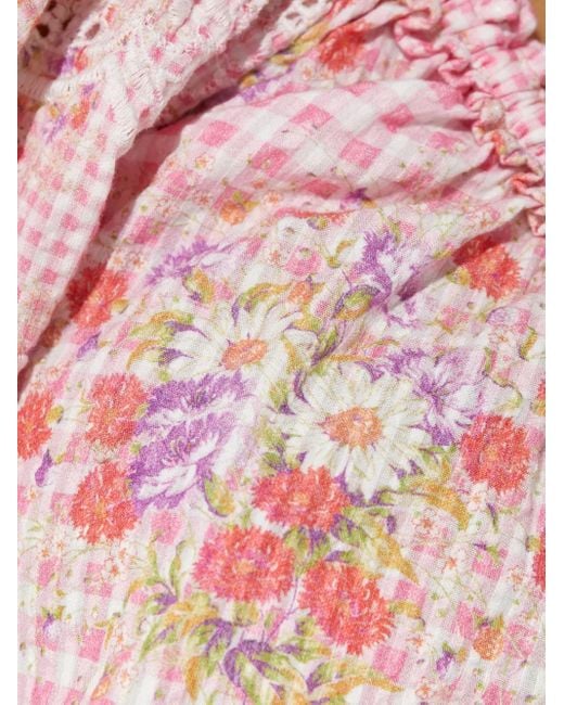 LoveShackFancy Red Checked-Pattern Flower-Embellishment Blouse