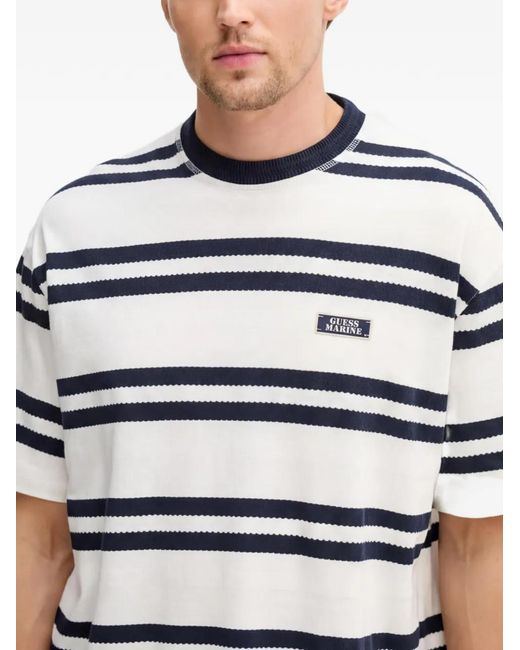 Guess White T-Shirt Rayé À Patch Logo for men