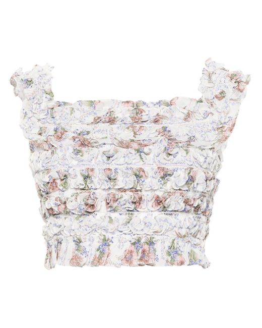 Needle & Thread White Floral Ruffled Off-shoulder Crop Top
