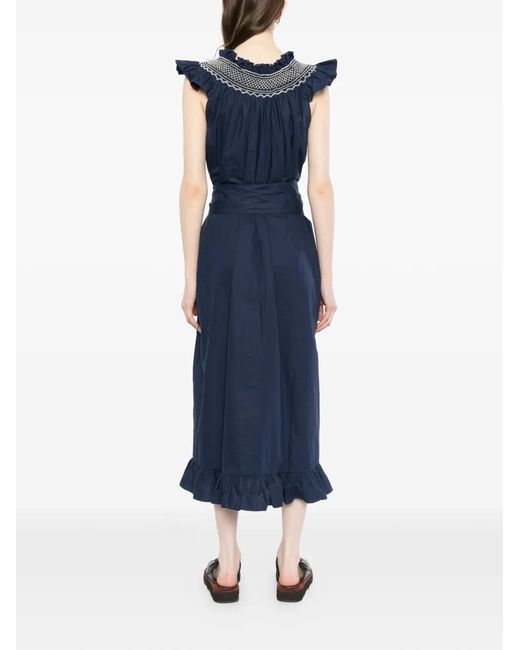 Loretta Caponi Blue Ruffled Cotton Midi Dress