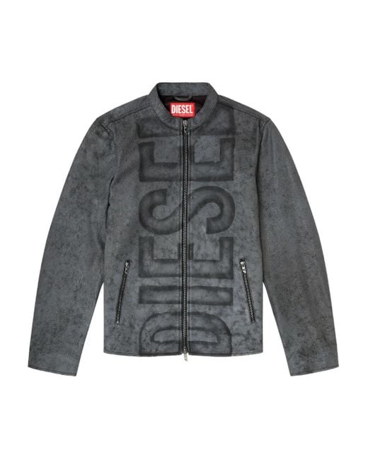 DIESEL Gray Treated Leather Biker Jacket With Faded Logo for men