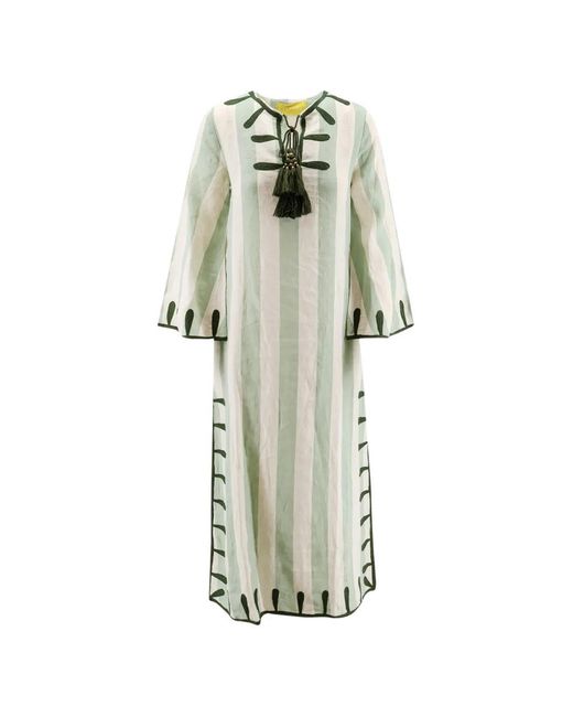 PHILIPPA 1970 White Striped Embroidered Linen Long Dress