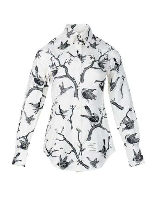Thom Browne White Bird Print Button Classic Top