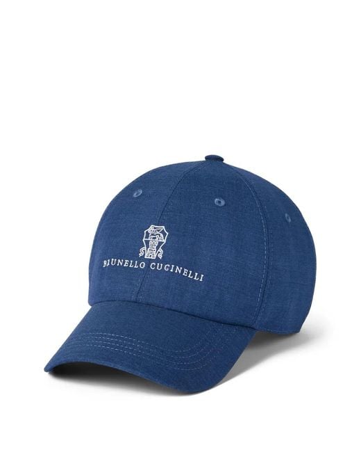 Brunello Cucinelli Blue Embroidered-Logo Wool Baseball Cap for men