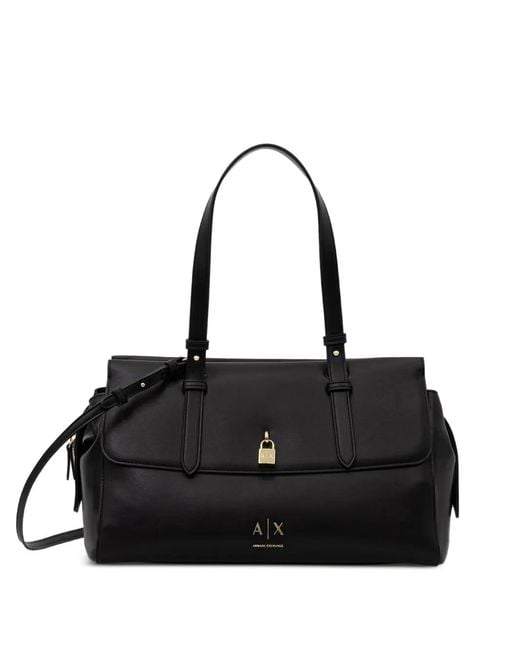 ARMANI EXCHANGE Black Logo-Print Padlock-Detail Tote Bag