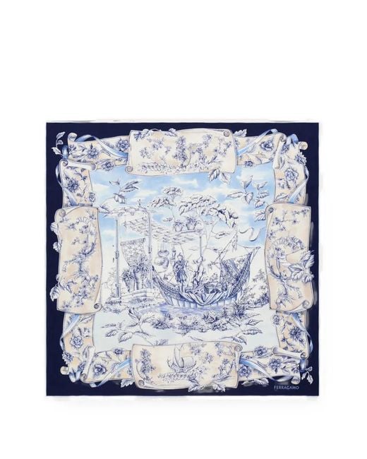 Ferragamo Blue Voyage-Print Silk Scarf