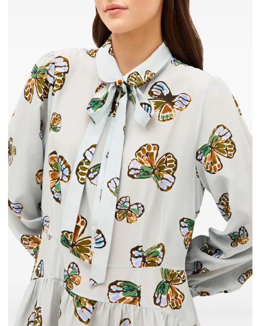 Marie Oliver Gray Gestuftes Ulanie Kleid mit Schmetterling-Print