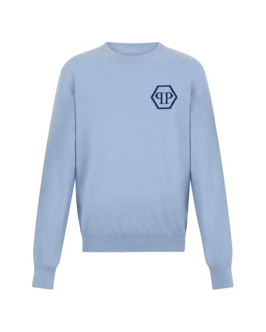 Philipp Plein Blue Jacquard Hexagon Roundneck Knitwear for men