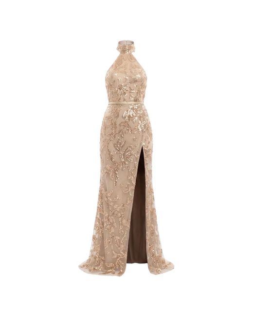 Saiid Kobeisy Natural Sequin-Embroidered Halterneck Maxi Dress
