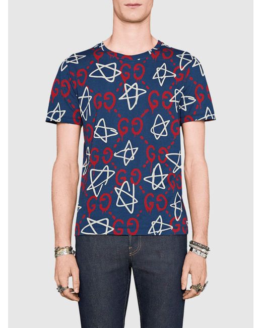 Gucci Ghost-print Crew-neck T-shirt in Blue for Men | Lyst