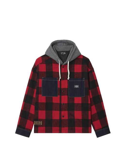 Izzue Red Check-Pattern Drawstring-Hood Jacket for men