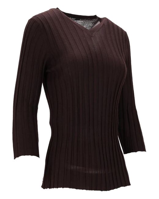 LA ROSE Black V-Neck Ribbed Top