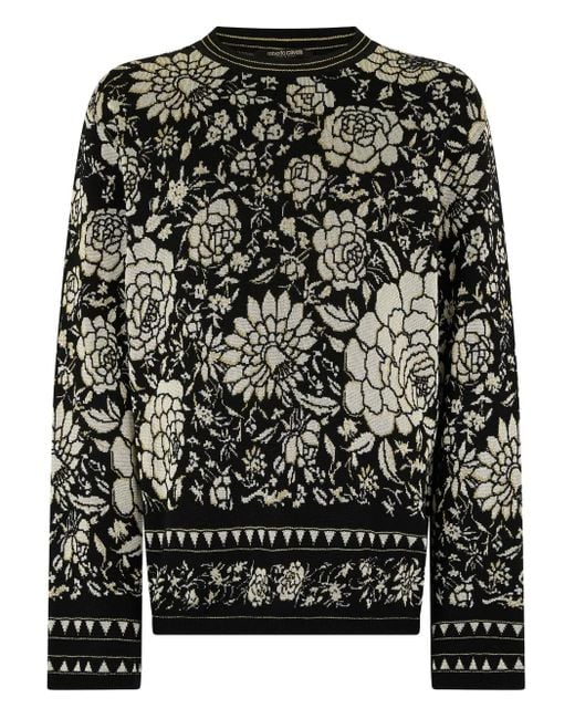 Roberto Cavalli Black Floral-Pattern Wool Sweater for men