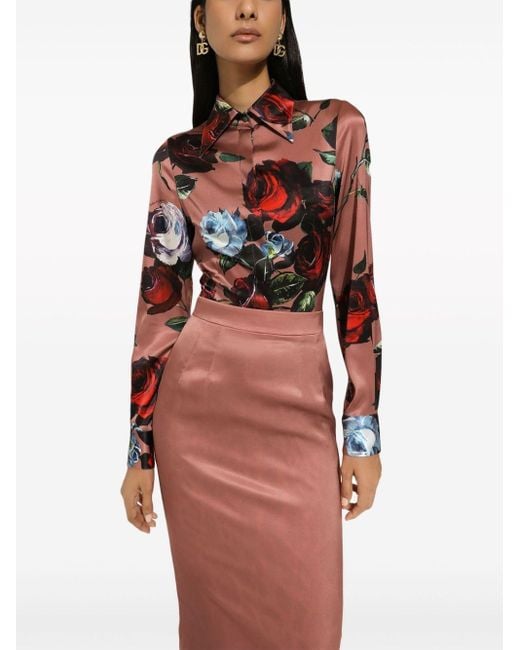 Dolce & Gabbana Stretch-zijden Blouse Met Bloemenprint in het Red