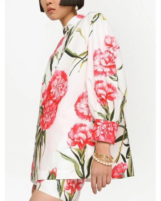 Dolce & Gabbana Red Carnation-Print Puff-Sleeve Blouse