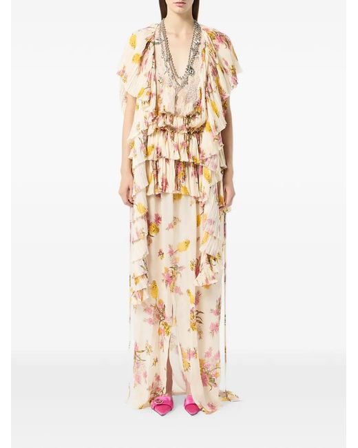Blumarine White Floral Pleated Ruffled Dress