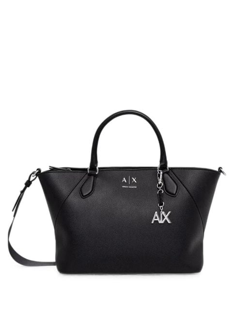 ARMANI EXCHANGE Black Logo-Charm Grained Shopping Tote Bag