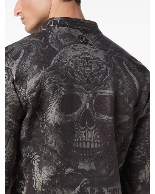 Philipp Plein Gray Skull Studded Biker Jacket for men