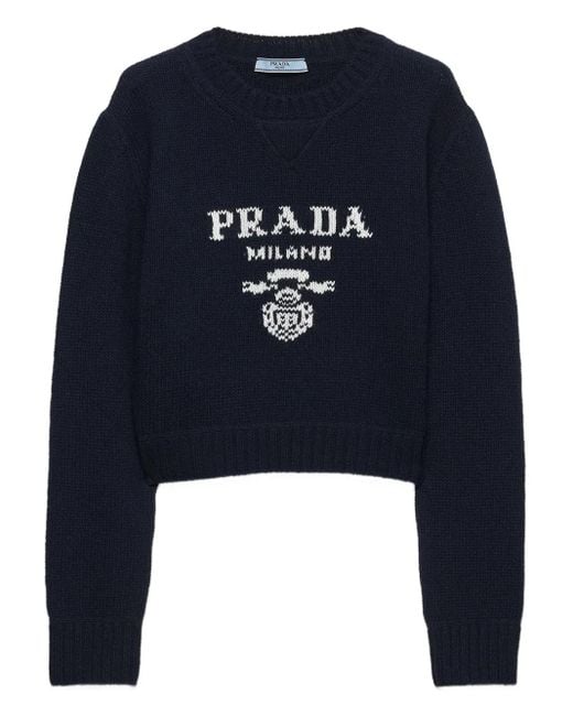 Prada Blue Gerippter Intarsien-Pullover