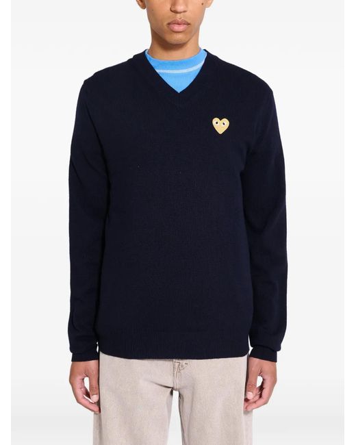 Comme des Garçons Blue Heart-Patch V-Neck Sweater for men