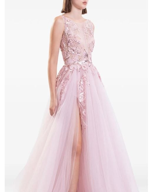 Saiid Kobeisy Pink Embroidered Gathered Tulle Maxi Dress