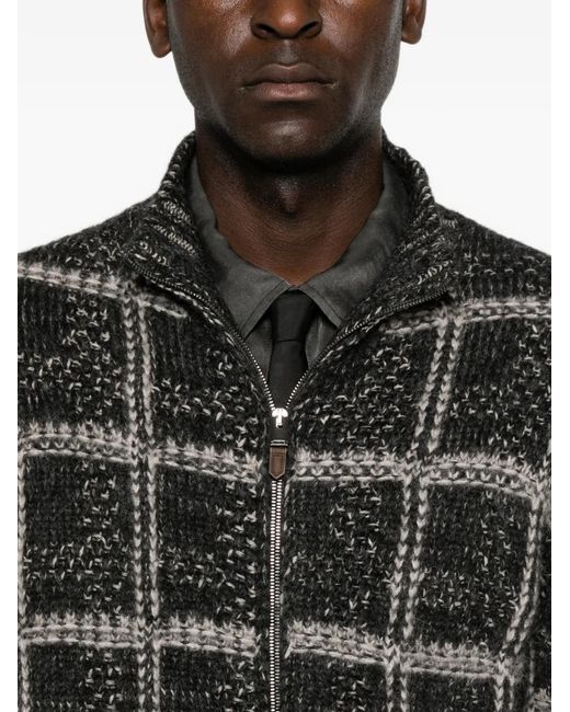 Canali Black Check-Pattern Zip-Up Cardigan for men