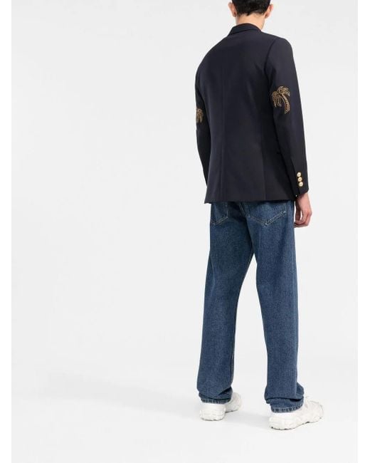 Palm Angels Blue Palm Tree Double Breasted Blazer Navy for men