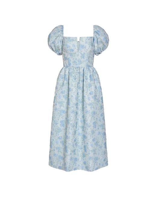 Markarian Blue Lilian Floral-Brocade Puffed-Sleeve Midi Dress