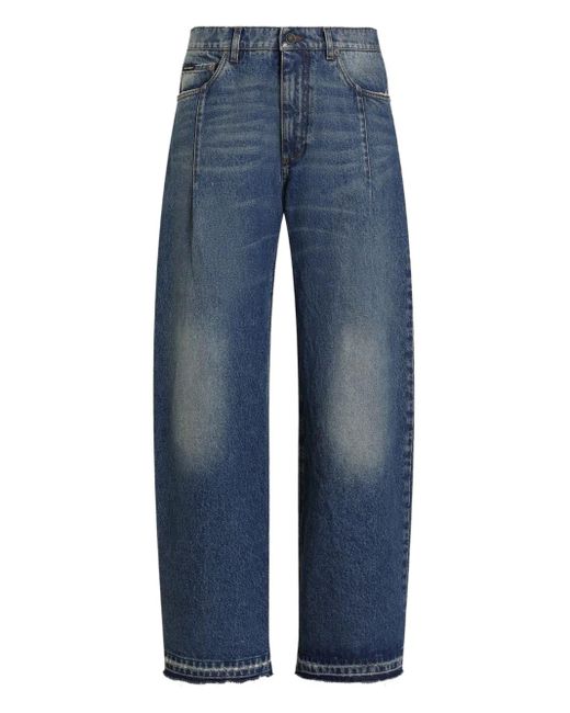 Dolce & Gabbana Blue Logo-Plaque Frayed Wide-Leg Jeans for men