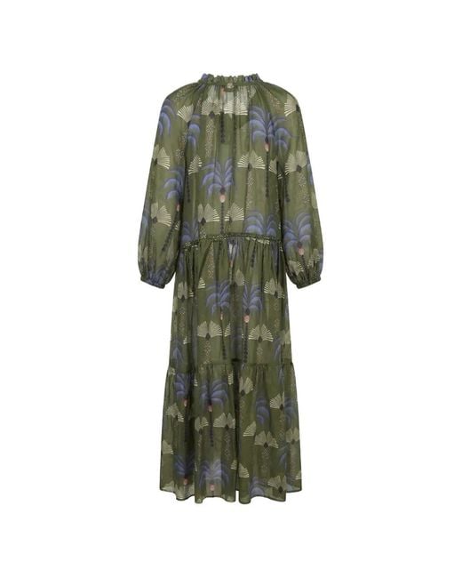 Anjuna Green Caterina Palm-Print Tiered Dress
