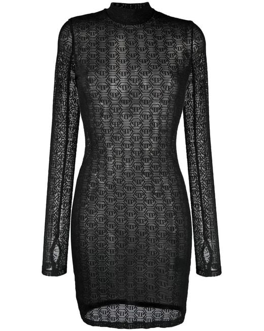 Philipp Plein Black Monogram-Pattern Tulle Mini Dress