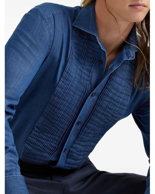 Brunello Cucinelli Blue Denim Pleated-Bib Tuxedo Shirt for men