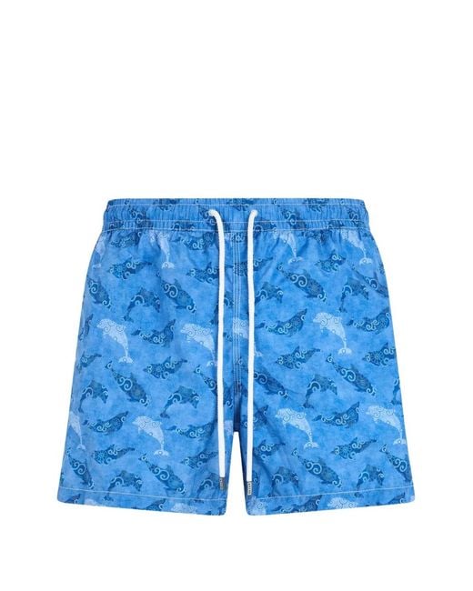 Fedeli Blue Dolphin-Print Swim Shorts for men