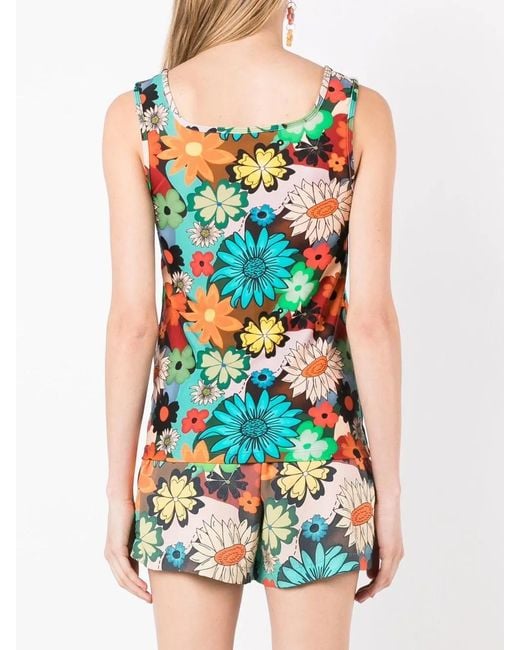 Amir Slama Blue Floral-Print V-Neck Vest Top
