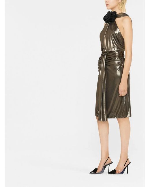 Saint Laurent Green Floral-Detail Laminated-Finish Dress