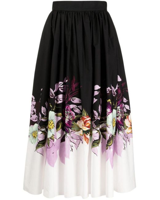 Elie Saab Black Floral-print Poplin Organic Cotton Skirt