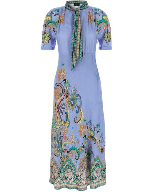 Etro タイネック フローラル ドレス Blue