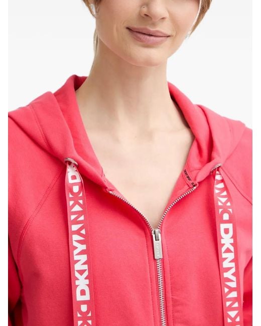 DKNY Red Logo-Print Drawstring Zip-Up Hoodie