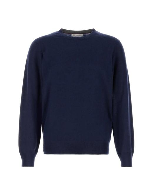 Brunello Cucinelli Blue Crew-Neck Ribbed-Trim Sweater for men