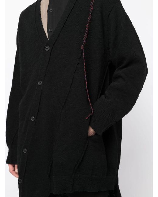 Yohji Yamamoto Black Contrast-stitch Asymmetric Wool Cardigan for men